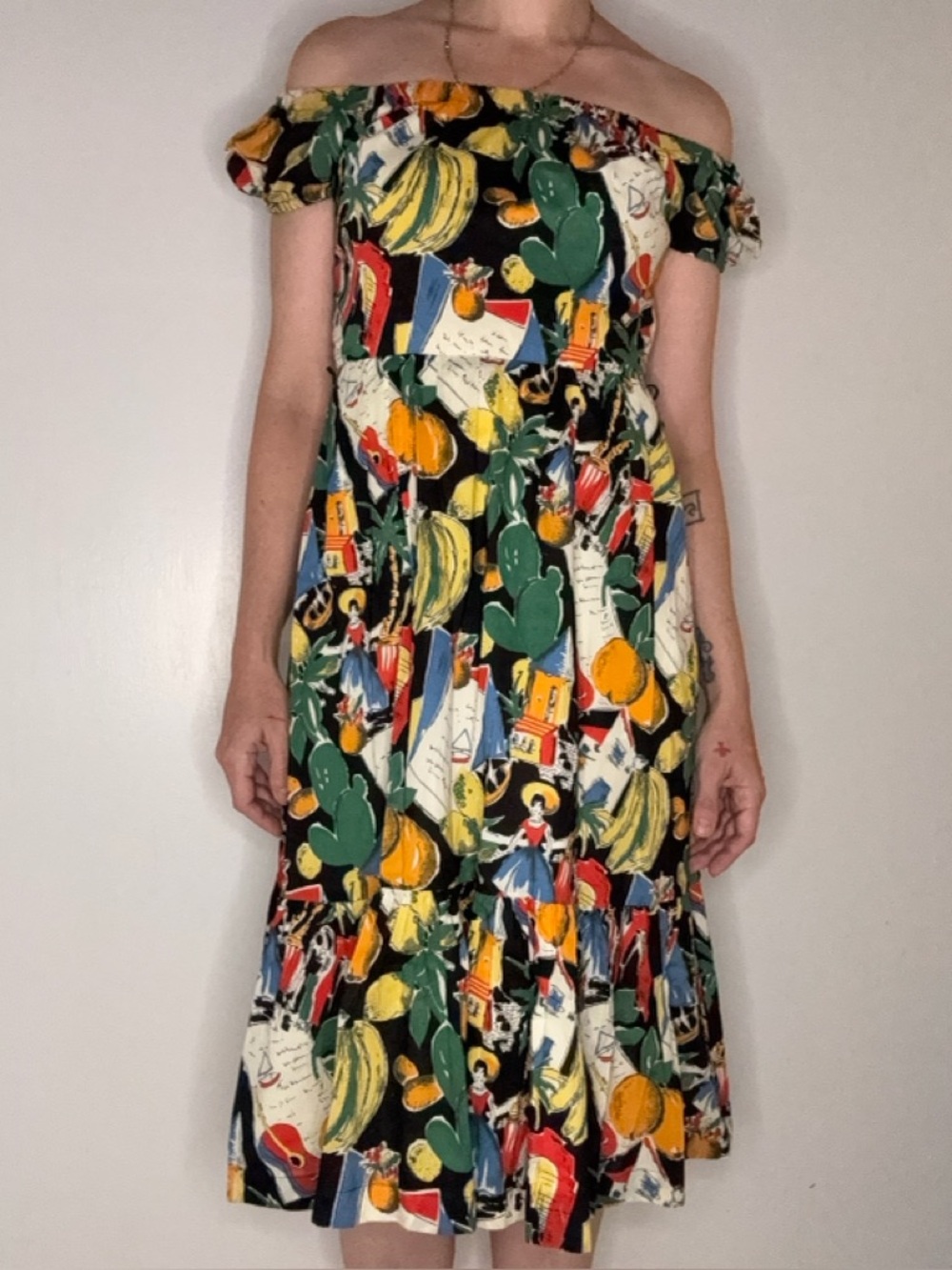 J. Crew Off the Shoulder Postcard Print Ruffle Dress Women’s Size 2
